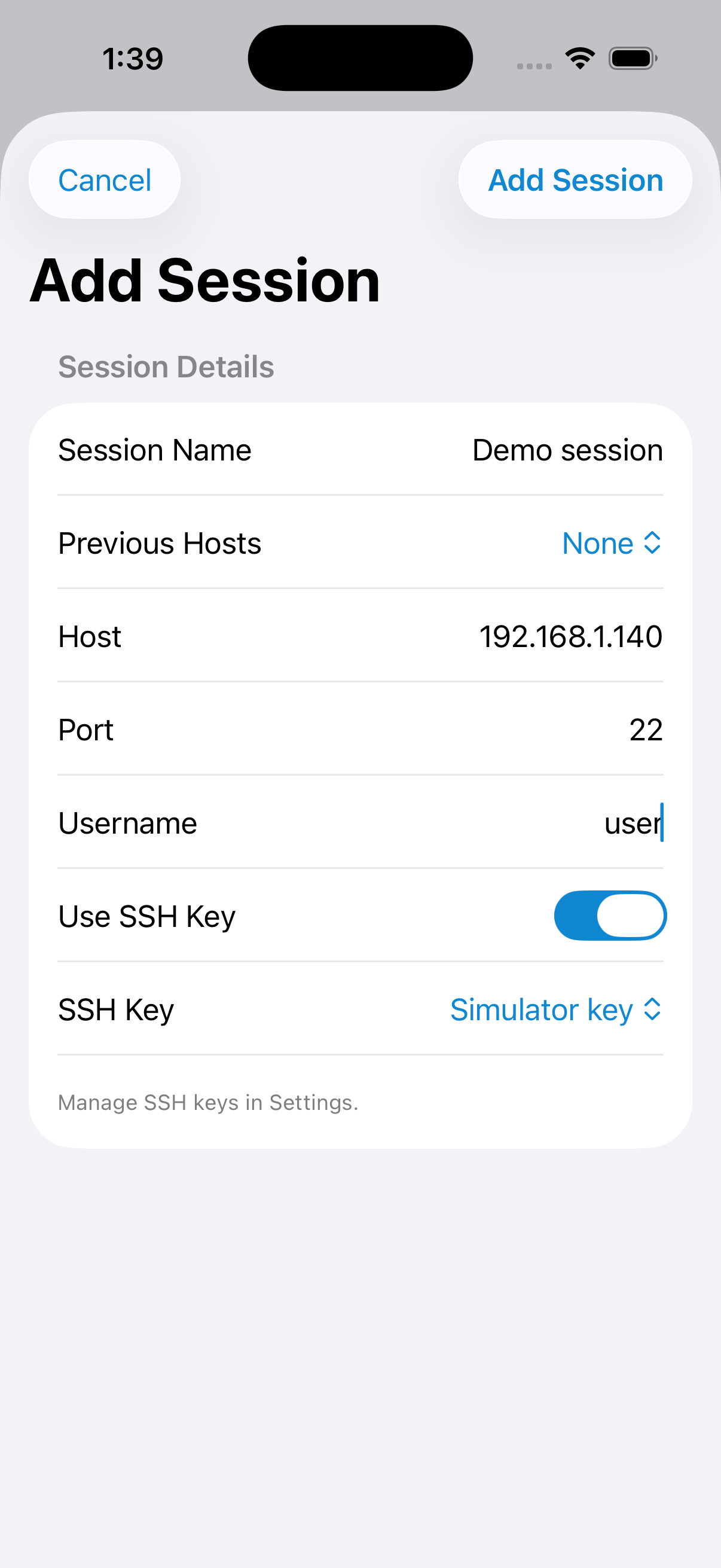 Add Session dialog with fields completed