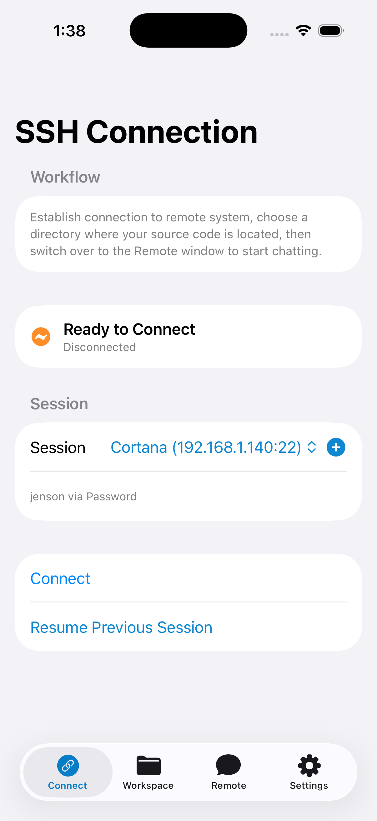 Connection screen and session setup