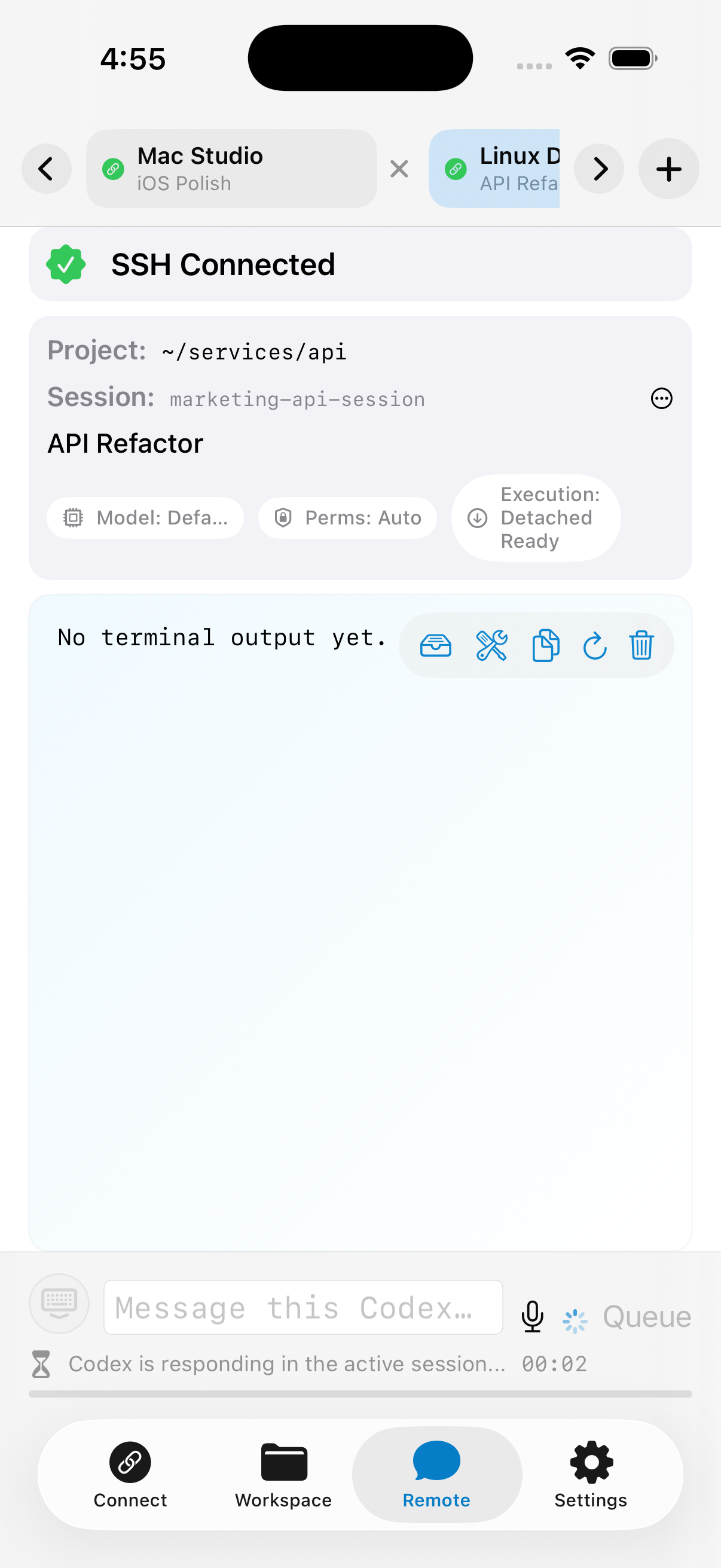 RemoteVibeCode showing multiple SSH connection tabs and a selected Codex session
