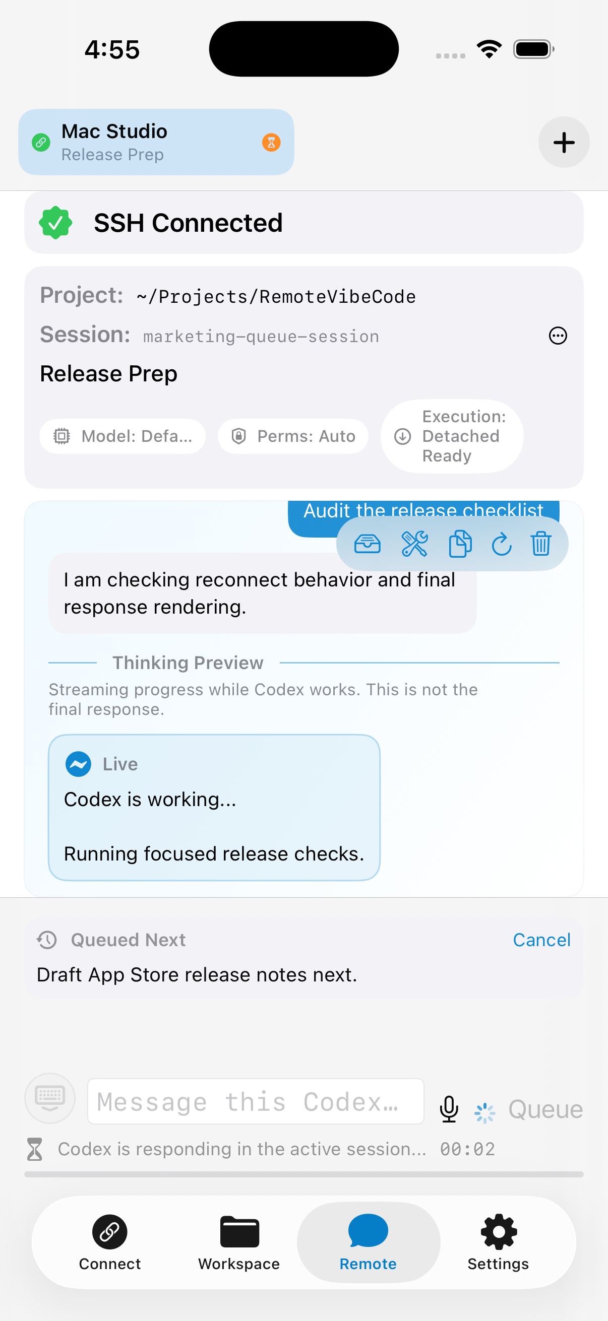 RemoteVibeCode remote session with Codex working and a queued next prompt