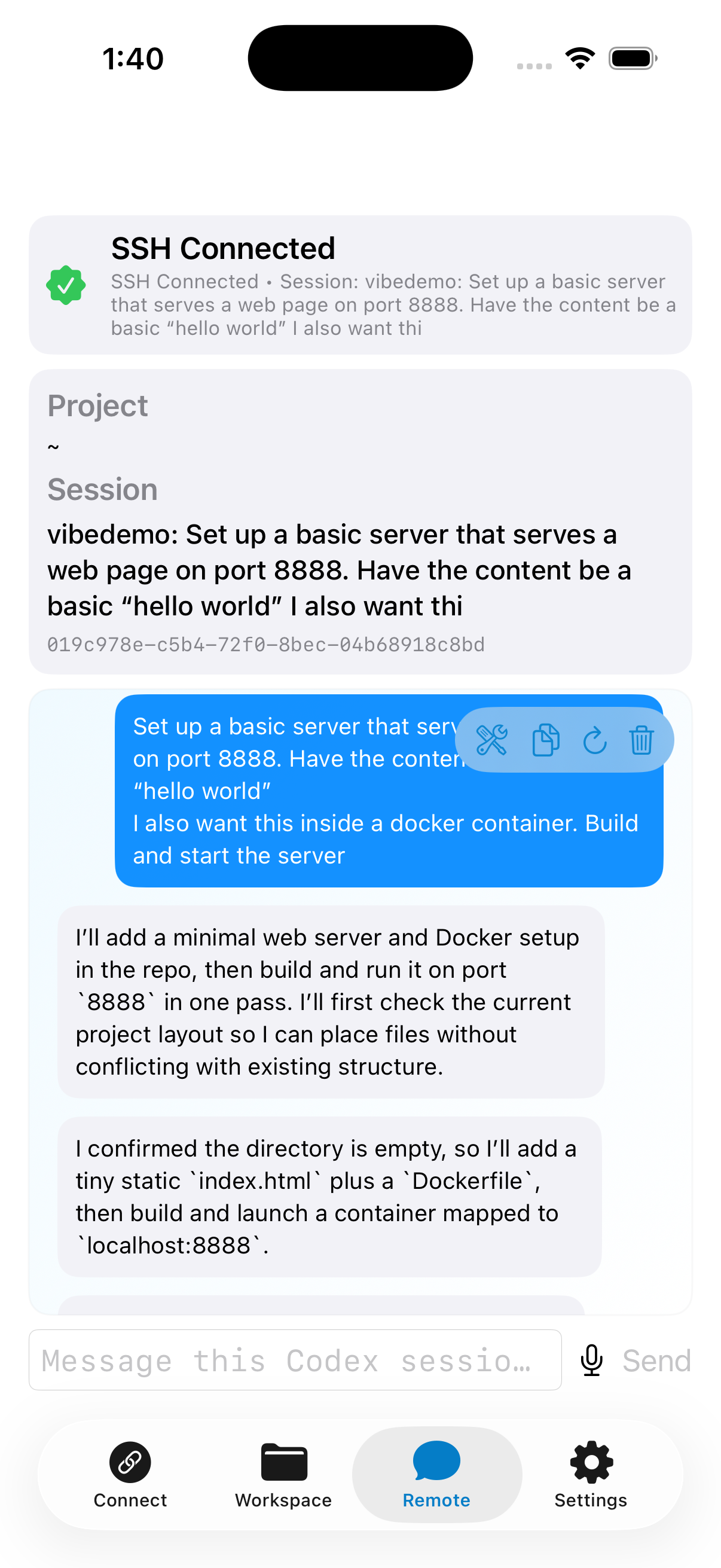 Remote tab showing active Codex session